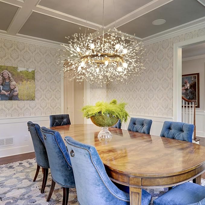 Modern Crystal Firework Chandelier, 12-Light (Bulb Included) Gold Dandelion Dining Room Light Fixtures, Round Hanging Pendant Light for Hight Ceiling, Living Room, Entryway, Staircase, Foyer