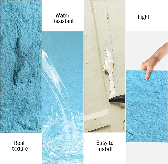 4PCS PU Wall Panels Stone Texture for Interior Wall Decor|3D Wall Panels with Lake Blue Stone Texture|47.24"*23.62" (Lake Blue)
