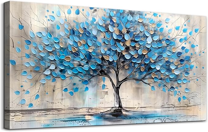 Lapremoly Textured Abstract Wall Pictures Artwork Wall Decor For Living Room Framed Canvas Wall Art For Bedroom Office Decor Blue Tree Paintings Panoramic Landscape Prints Home Decor Ready to Hang