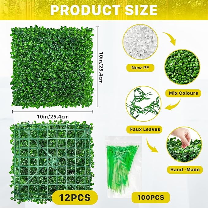 12 PCS Grass Wall Panels,10 x 10 Inch Grass Wall Panels,Artificial Boxwood Panel,Greenery Backdrop Panel for Indoor Outdoor Garden Yard Fence,Wedding Backdrop Decor