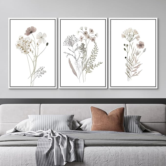 MUDECOR Framed Canvas Print Wall Art Watercolor Wildflower Art Print, Floral Botanical Prints, Minimalist Art, Modern Farmhouse for Bedroom - 16"x24"x3 White