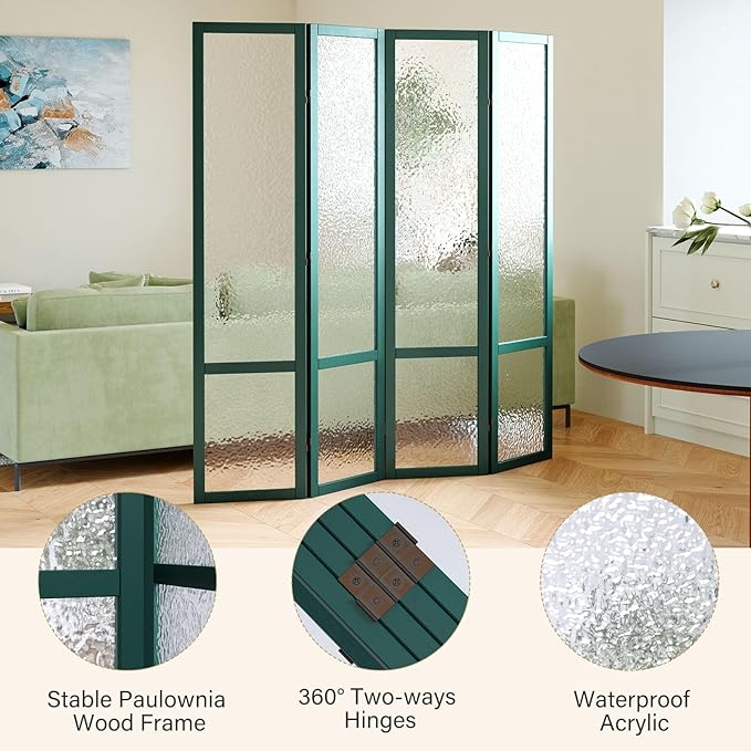 Acrylic Room Divider, 4-Panel Freestanding Partition Screen, Frosted Translucent Privacy Panel - Lightweight Modern Divider for Home Office Studio (Dark Green, 4 Panels)