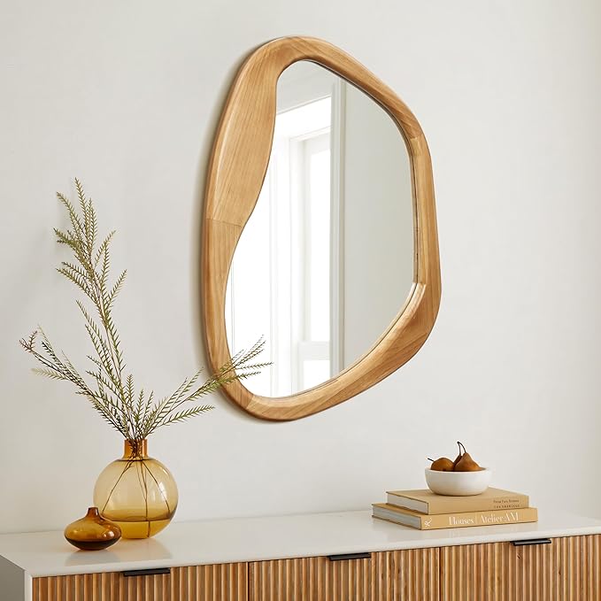 LuxenHome Irregular Oblong Wall Mirror,Accent with Natural Wood Frame,Rustic Bathroom Mirror,Vanity Makeup Mirror, Wall Mounted Mirror for Living Room,Entryway,Bedroom,Decorative Mirror