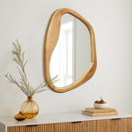 LuxenHome Irregular Oblong Wall Mirror,Accent with Natural Wood Frame,Rustic Bathroom Mirror,Vanity Makeup Mirror, Wall Mounted Mirror for Living Room,Entryway,Bedroom,Decorative Mirror