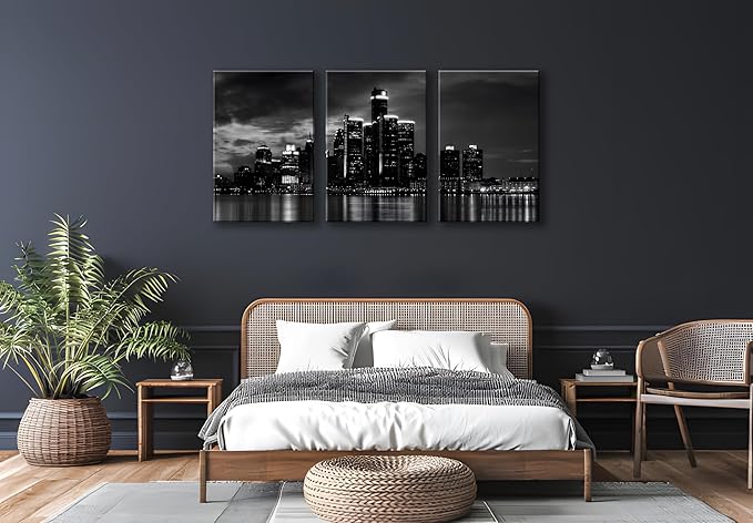 NAN Wind 3 Pcs Wall Art Beautiful Detroit Skyline Black & White Canvas Art Paintings For Room Decor Cityscape Skyscrapers Night Scene Picture Prints On Canvas For Home Decor Modern Giclee Framed