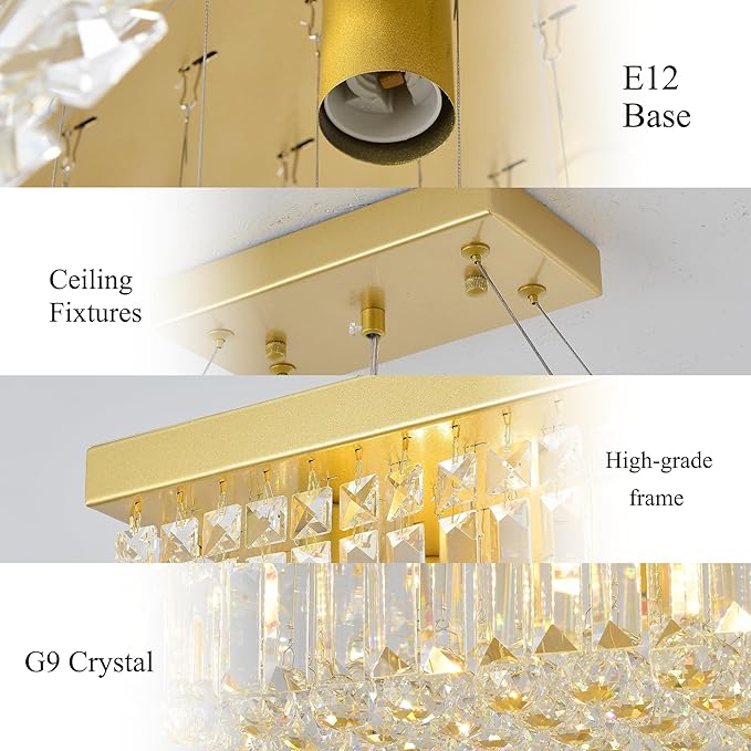 Luxury Gold Rectangular Crystal Chandelier 12-Light, 31.5" Modern K9 Raindrop Chandelier with Adjustable Chain, Dimmable Ceiling Light Fixture for Dining Room, Kitchen Island, Entryway 31.5"L x 10"W