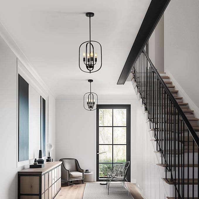Black Chandeliers for Dining Room, 4-Light Farmhouse Entryway Chandelier, Simple Laundry Room Chandelier, Metal Hanging Light Fixture for Kitchen Island Foyer Stairway Hallway Breakfast