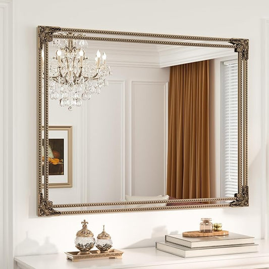 Keonjin Gold Vintage Mirror 30 x 36 Inch, Antique Mirrors Rectangle, Traditional Brass Mantel Decoration, Baroque Style Wall Decor for Hallway, Fireplace, Entryway, Living Room, Anti-Rust, Waterproof