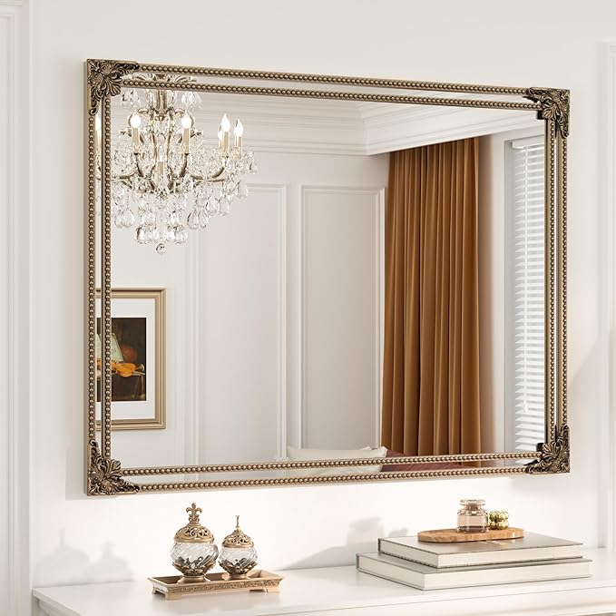 Keonjinn Brass Vintage Mirror for Wall, 40" x 30" Antique Gold Mirrors with Metal Frame, Baroque Style Decoration for Mantle, Bathroom, Living Room, Fireplace, Bedroom, HD Shatterproof Glass