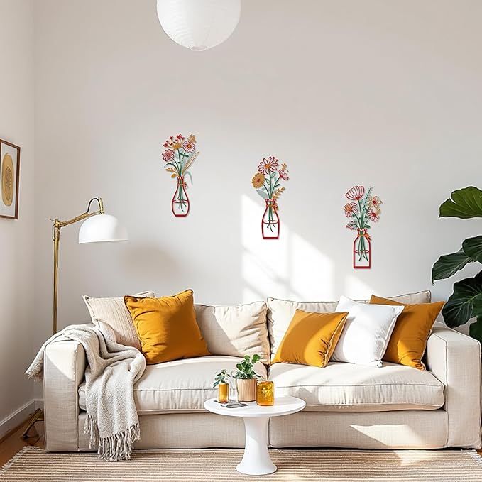 3 Pieces Metal Flowers Wall Art Decor, House Minimalist Bathroom Wall Decors Sculptures for Living Room Dining Room Bedroom Housewarming Gifts