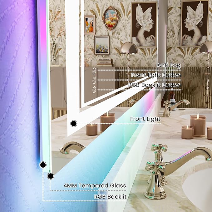 84x32 Inch LED Bathroom Mirror with Lights, Color Changing RGB Backlit Mirror,Large Lighted Vanity Mirrors for Bathroom Wall, Dimmable, Anti-Fog (RGB Backlit+Front-Lit)