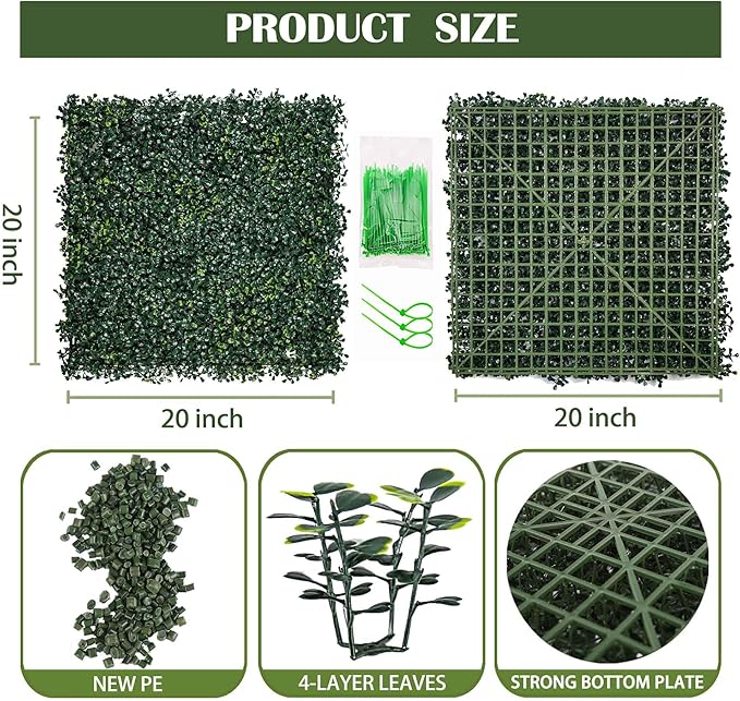8PCS 20"x 20" Artificial Boxwood Wall Panels, UV-Anti Grass Wall Hedge Plant Panels for Indoor Outdoor Green Wall Decor Ivy Fence Covering Privacy