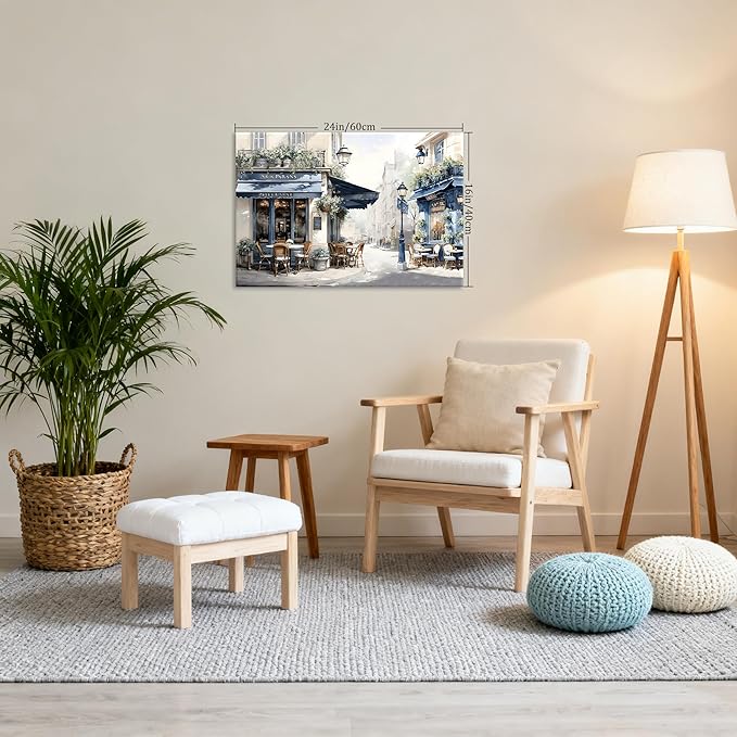Modern Framed Street View Wall Art European Coffee Shop Canvas Print, Contemporary City Scene Painting, Vintage Cafe Artwork for Kitchen Dining Room Living Room, Bedroom Home Decor, Multi Size