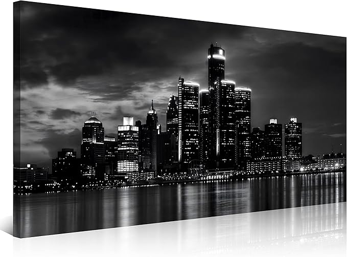 NAN Wind Detroit Skyline Canvas Wall Art Cityscape Night Scene Black & White City Art Print on Canvas Modern Giclee Framed Painting for Room Decor Home Decor Detroit Skyline Picture Prints