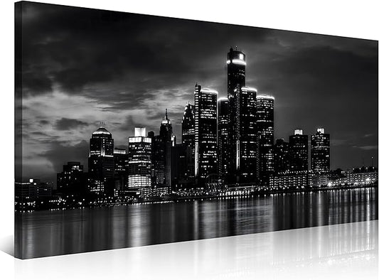 NAN Wind Detroit Skyline Canvas Wall Art Cityscape Night Scene Black & White City Art Print on Canvas Modern Giclee Framed Painting for Room Decor Home Decor Detroit Skyline Picture Prints