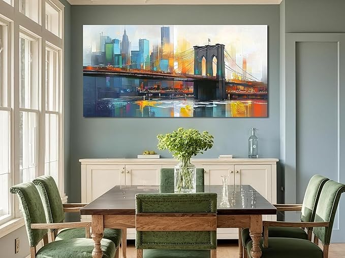 Arjun Cityscape Wall Art New York City Canvas for Living Room Painting Brooklyn Bridge Manhattan Bedroom Wall Art for Men Modern Picture Artwork Large Framed Home Office Wall Decor 48"x24"