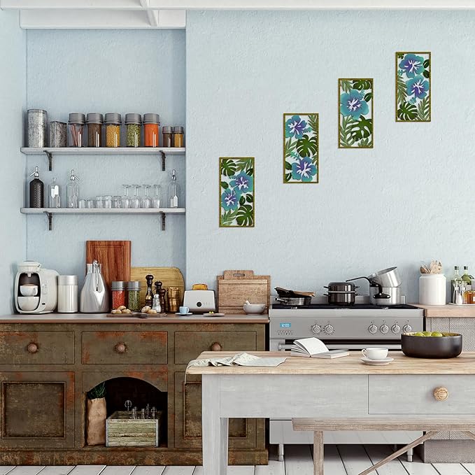 4 Pcs Tropical Wall Decor Cutout Wooden Palm Leaf Wall Art Minimalist Monstera Sculptures Wood Hibiscus Flowers Hanging Decor Vintage Plant Plaque for Home Bathroom Office (Fresh)