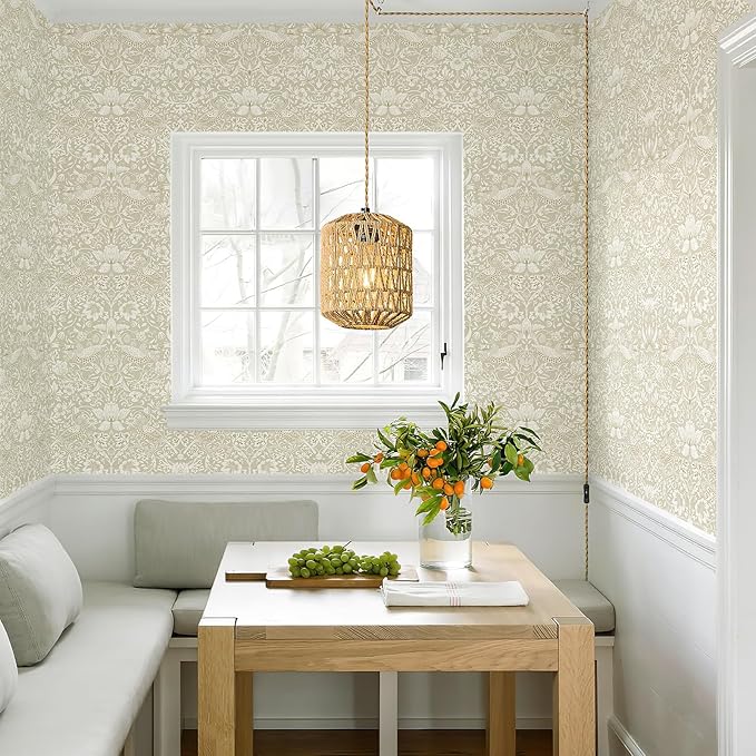 17.7x118in William Morris Wallpaper Peel and Stick Vintage Floral Wallpaper Neutral Strawberry Bird Self Adhesive Contact Paper Waterproof for Bedroom Bathroom Cabinets Drawers Decor
