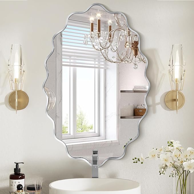 Oval Wavy Mirror - Irregular Wall Mirror 24"x36" Black Asymmetrical Aviation Aluminum Alloy Frame for Bathroom, Bedroom, Living Room, Cloakroom, Entryway