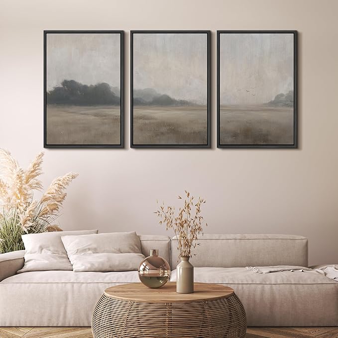 MUDECOR Framed Wall Art Print Set Serene MeadowTranquil Landscape with Foggy Fields and Distant Trees Illustrations Realism Decorative for Living Room, Bedroom, Office - 16"x24"x3 Black
