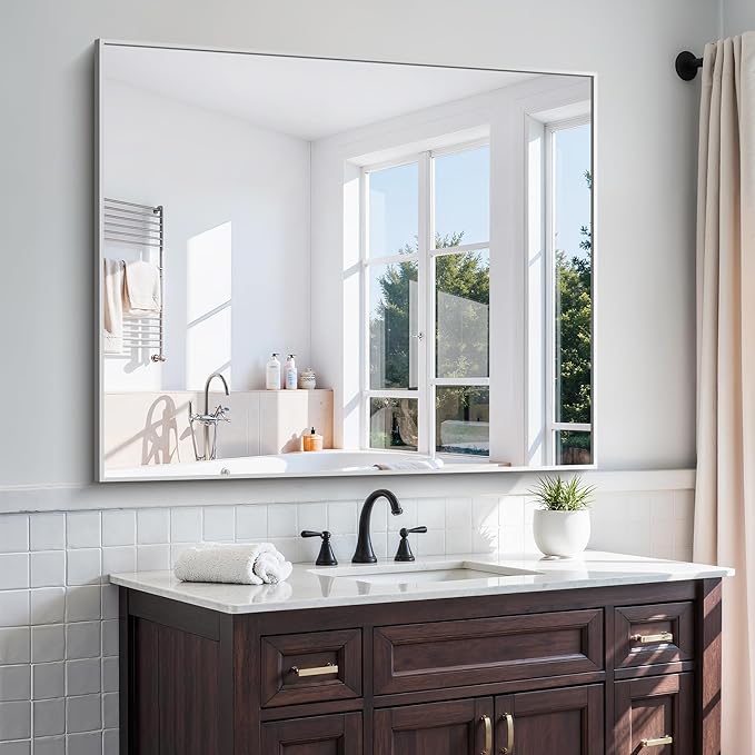 KOCUUY Silver Framed Mirror, 48"x40" Large Rectangle Bathroom Mirror for Wall, HD Tempered Glass, Anti-Rust Brushed Silver Frame, Modern Design for Bathroom, Bedroom, Living Room, Entryway