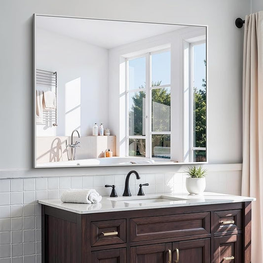 KOCUUY Silver Framed Mirror, 48"x40" Large Rectangle Bathroom Mirror for Wall, HD Tempered Glass, Anti-Rust Brushed Silver Frame, Modern Design for Bathroom, Bedroom, Living Room, Entryway