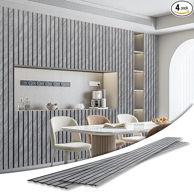 Art3d 4-Pack Glue-On Six-Grid Wainscoting Panel for Interior Wall Decor - 104 x 12 Inch Polystyrene Ultralight Slim Slat Wall Panels for Living Room Bedroom, Granite