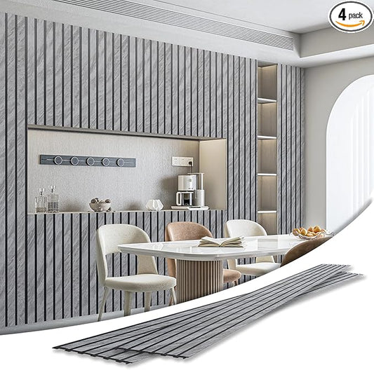 Art3d 4-Pack Glue-On Six-Grid Wainscoting Panel for Interior Wall Decor - 104 x 12 Inch Polystyrene Ultralight Slim Slat Wall Panels for Living Room Bedroom, Granite