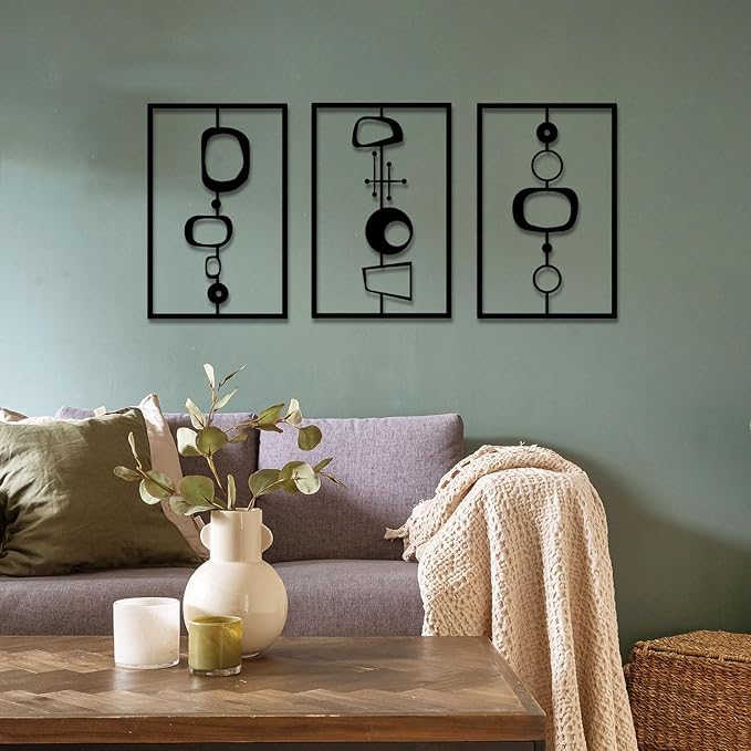 3 Pcs Metal Abstract Wall Decor, Minimalist Lines Wall Hanging Art Painting, Modern Geometric Black Wall Sculpture Suitable for Home Office, Hotel Living Room, Bedroom and other Home Decoration