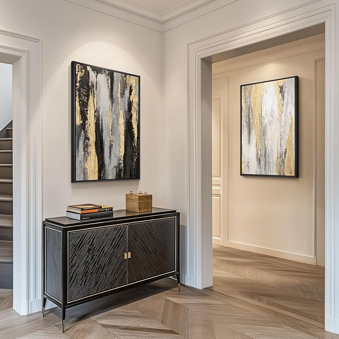 Large Framed Modern Abstract Wall Art Set of 2, Canvas Prints Paintings Artwork for Walls, Black White Grey Gold Pictures Wall Decor for Living Room, Dining Room, Bedroom, and Office