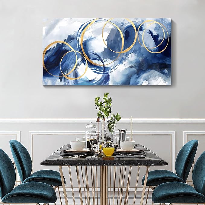 AJAZIKO Blue Abstract Wall Art Modern Art Wall Decor Artwork For Walls Living Room Large Painting Size 20x40 Office Pictures For Wall Navy Gold Contempor Decorations For Bedroom
