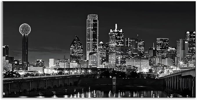 NAN Wind 1 Pcs Dallas Skyline Canvas Wall Art Black White Cityscape Night Scene Modern City Giclee Prints on Canvas Framed Urban Home Decor Skyscrapers Picture Painting for Room Decor