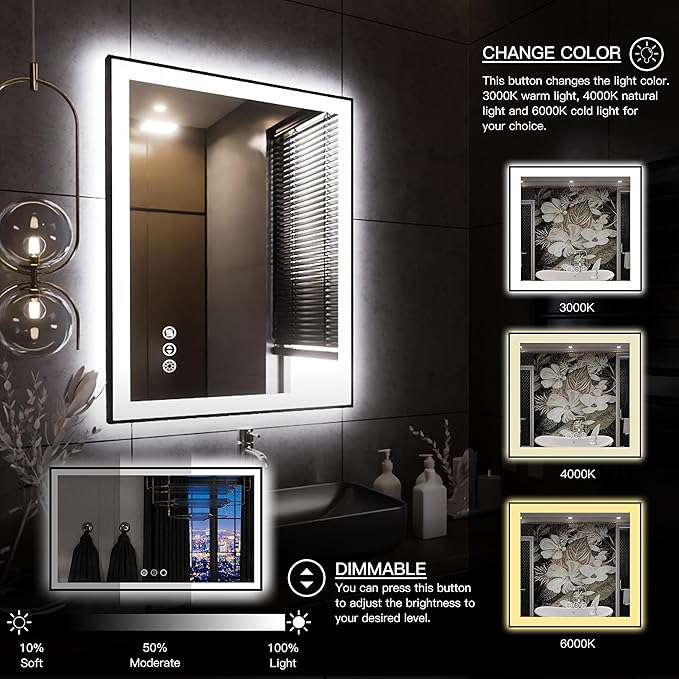 LED Bathroom Mirror 32x24 with Backlit and Front Lighted, Framed Dimmable Illuminated Mirror for Wall Anti-Fog Shatterproof (Horizontal/Vertical)…