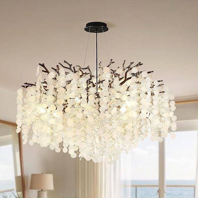 32 Inch Coastal Light Fixture, 10-Light Capiz Shell Chandelier, Modern Black Bedroom Chandeliers, Dining Room Foyer Lighting Fixtures, Boho Chandelier for Living Room Entryway