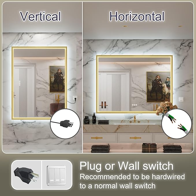 40x30 Inch Gold LED Bathroom Mirror with Front and Back Lights, Adjustable 3000K/4500K/6000K, Framed Lighted Bathroom Vanity Mirror, Dimmable, Anti-Fog, Horizontal/Vertical
