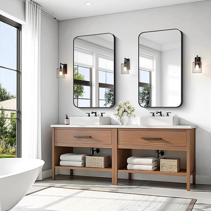 KOCUUY Bathroom Mirror 24" x 40", Black Rectangle Mirror with Metal Frame, Matte Black Vanity Mirror Rounded Corner Decorative for Bedroom, Living Room, Entryway (Horizontal/Vertical)
