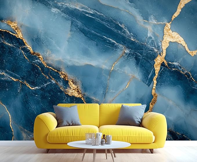 Blue Gold Marble Mural Wallpaper, Modern Fashion Marble Murals, Abstract 3D Texture Murals, Large Wallpaper for Living Room Bedroom Kids Room Home Decor Mural (Not Peel Stick)
