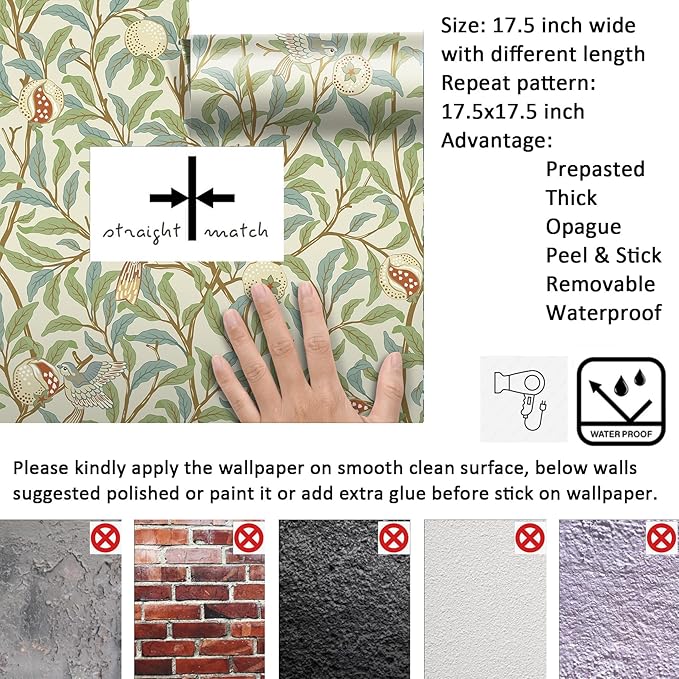 Livelynine Green Wallpaper Peel and Stick Botanical Sage Green Leaves Blue Brown Beige Bird Pomegranate William Morris Willow Bough Prepasted Wallpaper Rolls Vintage Contact Paper Adhesive 17.5x78.8