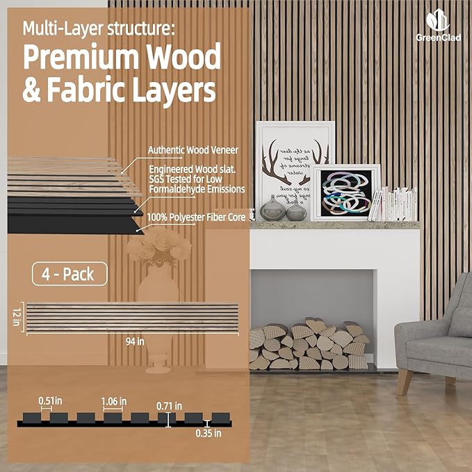 Acoustic Wood Slat Wall Panels - Walnut Soundproof Paneling for Interior Wall Decor, Modern Design, 94" x 12", 4-Pack