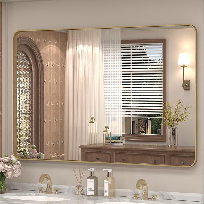 48x30 Inch Gold Framed Bathroom Mirror, Brushed Gold Metal Vanity Mirror, Rectangle Gold Mirror for Wall, Rounded Corner, Tempered Glass, Anti-Rust, Shatterproof (Horizontal/Vertical)