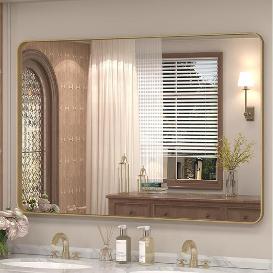 48x30 Inch Gold Framed Bathroom Mirror, Brushed Gold Metal Vanity Mirror, Rectangle Gold Mirror for Wall, Rounded Corner, Tempered Glass, Anti-Rust, Shatterproof (Horizontal/Vertical)