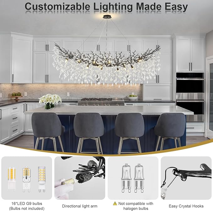 Large Modern Farmhouse Crystal Chandelier, 63" Black Tree Branch Chandelier Antique Vintage Chandeliers for Dining Room 16-Light High Ceiling Chandeliers Dining Room Light Fixture