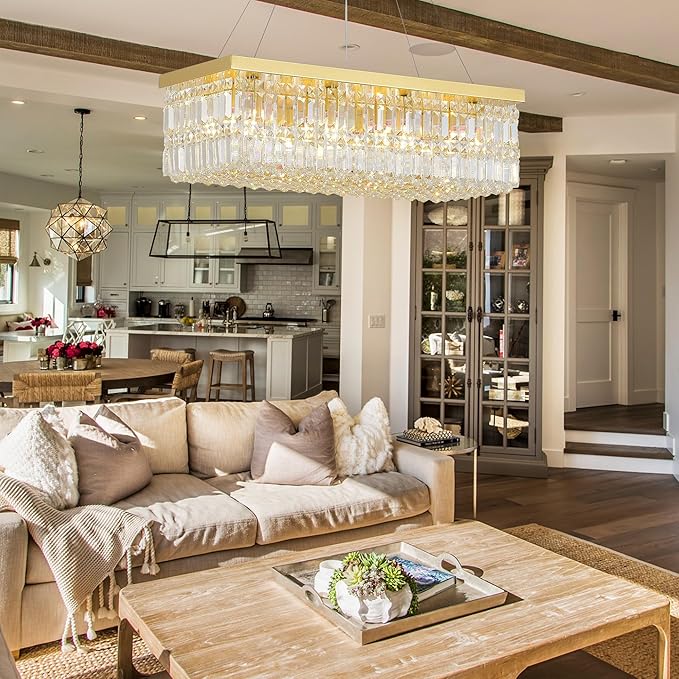 Luxury Gold Rectangular Crystal Chandelier 12-Light, 31.5" Modern K9 Raindrop Chandelier with Adjustable Chain, Dimmable Ceiling Light Fixture for Dining Room, Kitchen Island, Entryway 31.5"L x 10"W