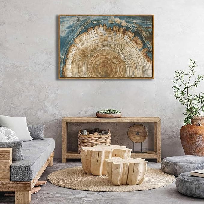 BingruiArt Large Framed Tree Ring Wall Art Wood Canvas Green Boho Wall Decor Rustic Artwork Abstract Painting Farmhouse Picture Nature Print for Living Room Bedroom Bathroom 24"x36" Natural Framed(08)