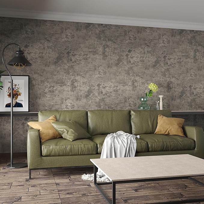 48"×79" Long Size Extra Wide Thick Light Brown Grey Concrete Vinyl Wallpaper Peel and Stick Waterproof Gray Concrete Contact Paper for Countertops DIY Matte Textured Cement Wall Tile Stickers