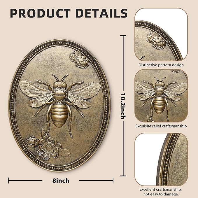 Newinhome Vintage Bee Wall Sculpture, Antique Wall Decor, Bee Wall Decor, Hanging Decoration with Embossed Bee Design, Vintage Decoration for Living Room Bedroom and Hallway, Housewarming Gift