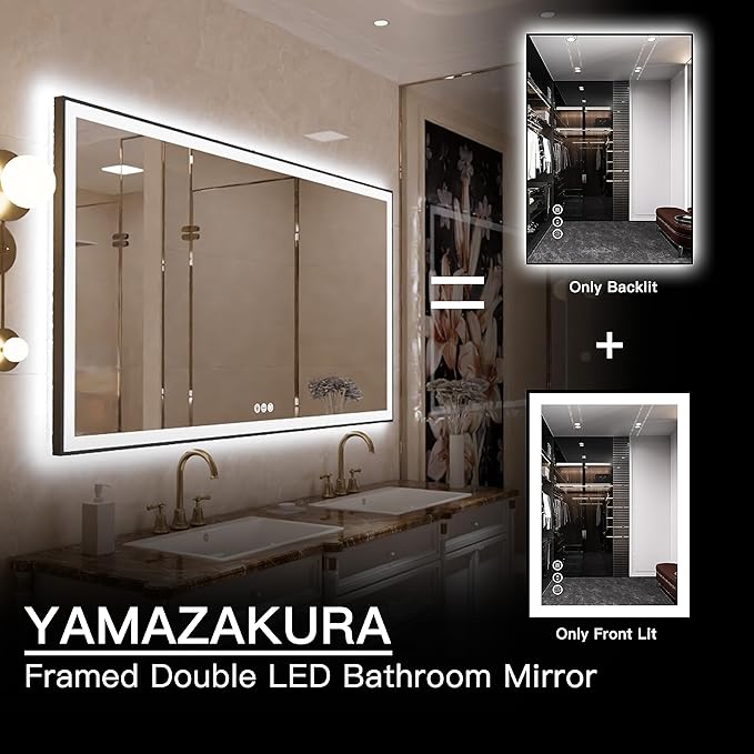 72"x40" Large LED Bathroom Mirror with Backlit and Front Lighted, Framed Dimmable Illuminated Mirror for Wall Anti-Fog Shatterproof (Horizontal/Vertical)