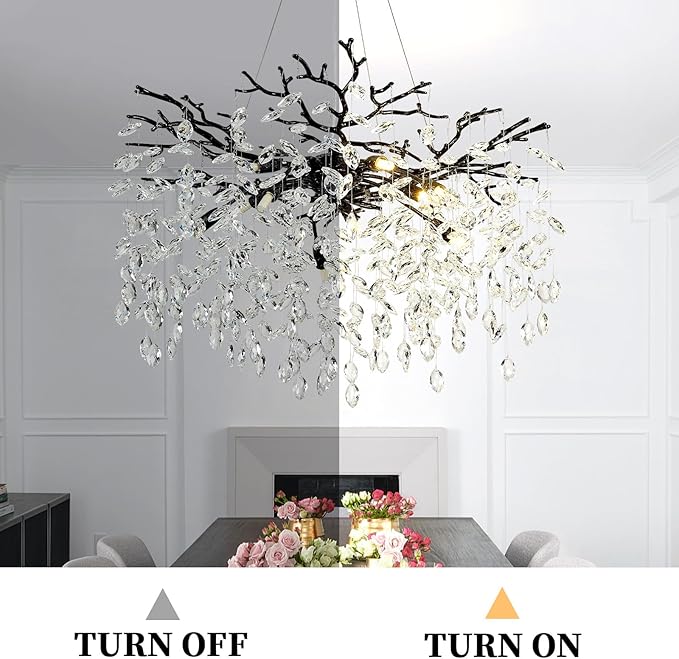 Modern Tree Branch Black Crystal Chandelier，Contemporary 10-Light Pendant Lighting with K9 Clear Crystal 31.5" Luxury Farmhouse Chandeliers for Church Living Room Kitchen Bedroom