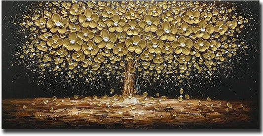 Art8YuQi Paintings - Contemporary Abstract Art Oil Painting On Canvas Texture 3D Golden Tree Gary Painting Handmade Artwork Picture Canvas Wall Art Modern Home Decor living room Ready to Hang