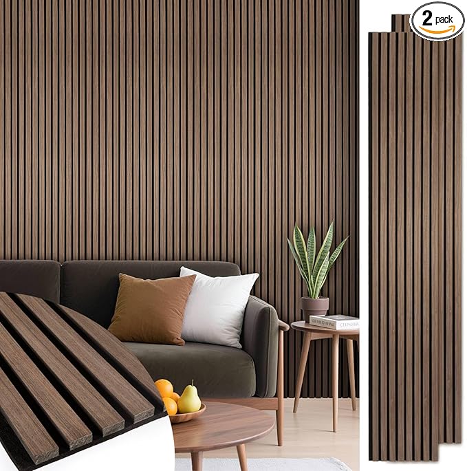 Acoustic Wood Slat Panels 2 Pack 106" x 12.6", Soundproof Wooden Wall Panels, 3D Fluted Panel for Interior Wall Decor, Living Room, Bedroom - Walnut (Cover Approx. 19 sq.ft)
